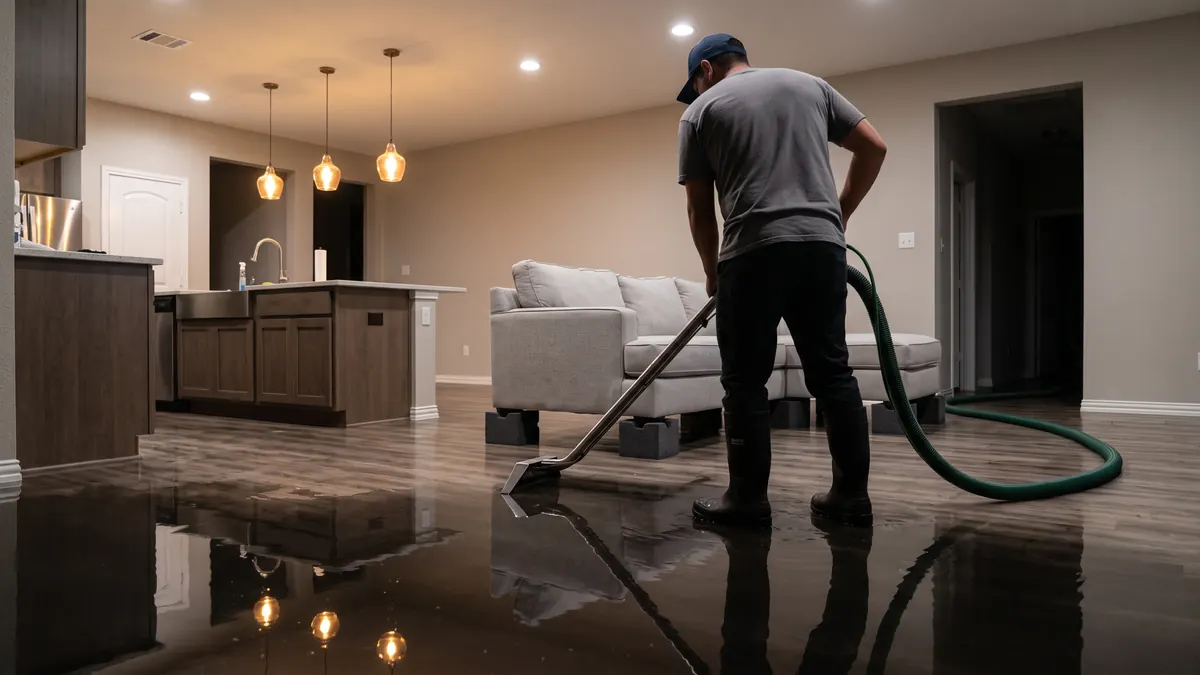 Technician guiding an extraction wand across a flooded open-plan family room at night