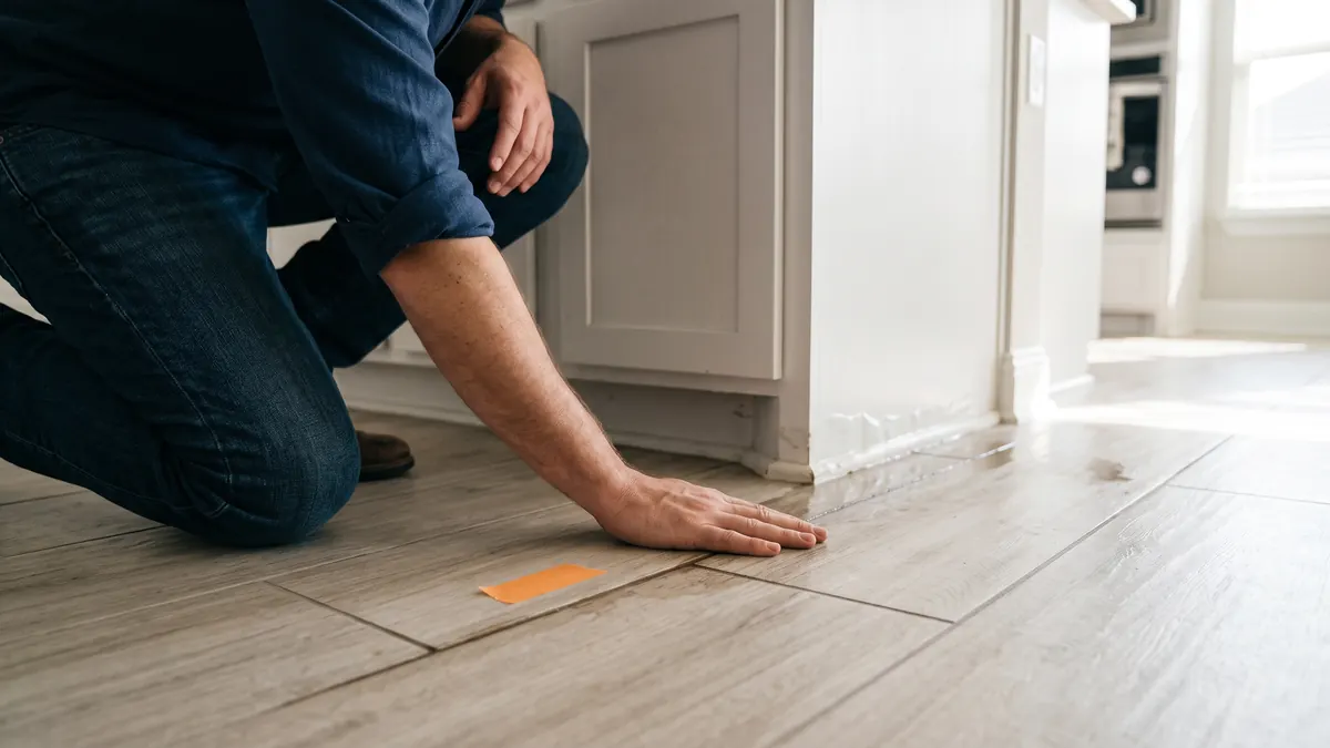 Hand pressed flat against kitchen tile checking for the warm spot of a slab leak