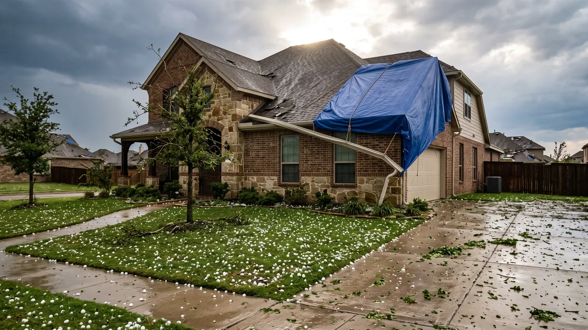 Tarped roof corner and hailstones scattered across a Frisco lawn after a severe hailstorm